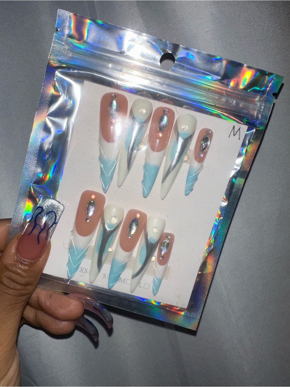 Press-On Stiletto Nails Set in Nude, White & Light Blue